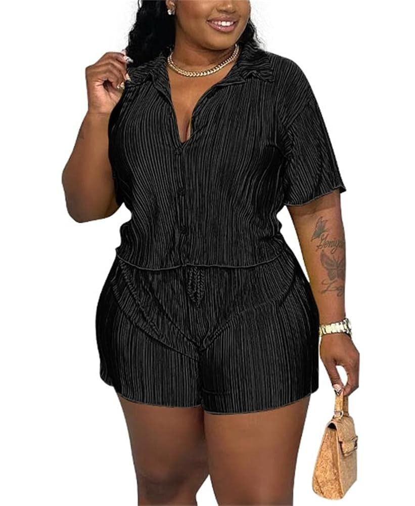 cu4eve Summer Two Piece Outfit Women Plus Size Casual Button